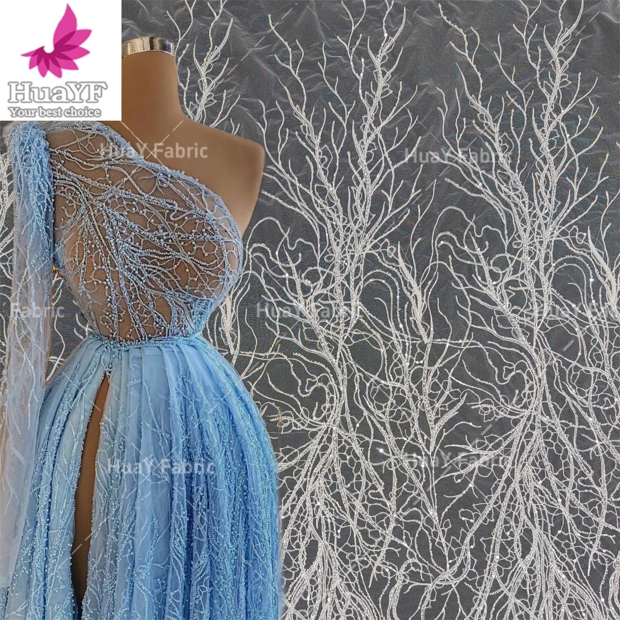 HY2255 Top Wholesale White Lace Fabric Branch Beading Embroidery Wedding Dress Evening Dress Sequins Pearl Net Lace