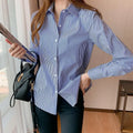 Profession Office Printing Striped Single-breasted Blouse Women New Long Sleeve Turn-down Collar Korean Lady Shirts 8322#