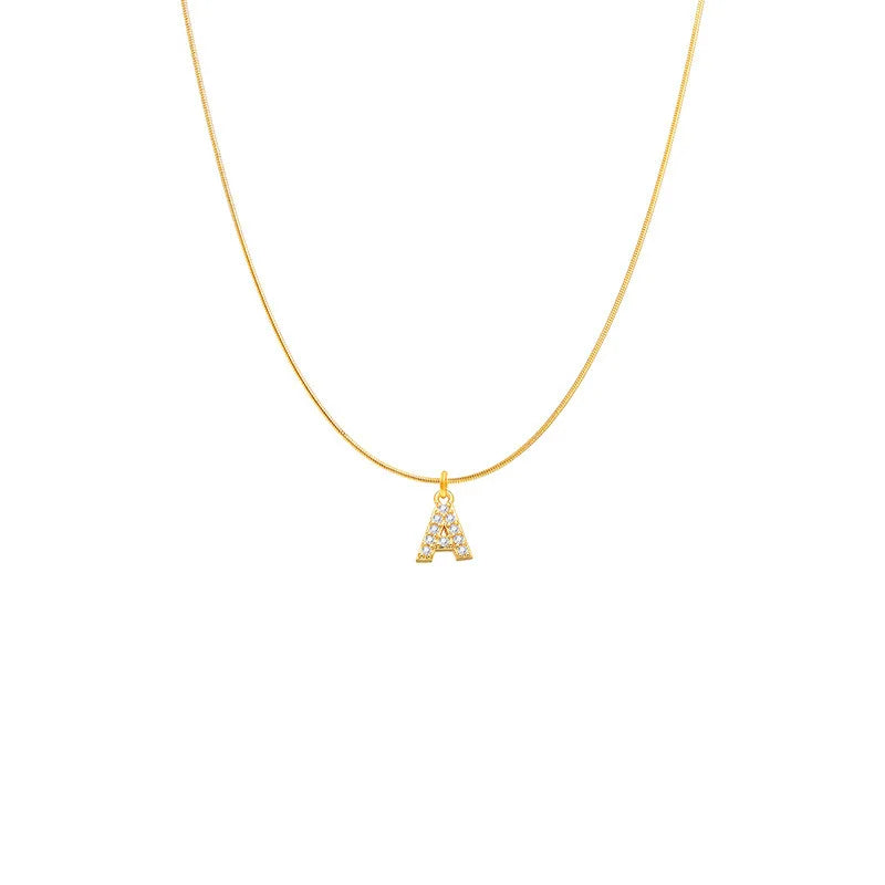 18K Gold Plated Dainty Snake Chain Cubic Zirconia Initial Letter Stainless Steel Necklace 45cm