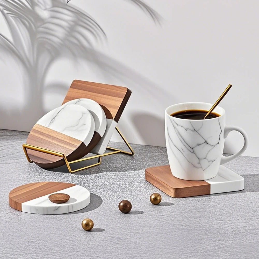 Wholesale Round square Hexagon White Marble Acacia Wood Coasters for Drinks
