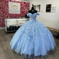 Tulle 3D Floral Off Shoulder Birthday Dance Party Sweet 16 Dress Vestido De 15 Sky Blue Quinceanera Dresses MQ646