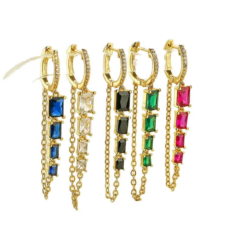 EC1937 Long 18k Gold Plated Graduted Baguette Zircon CZ Diamond Drop Dangle Hanging Linear Chain Tassel Hoop Earrings