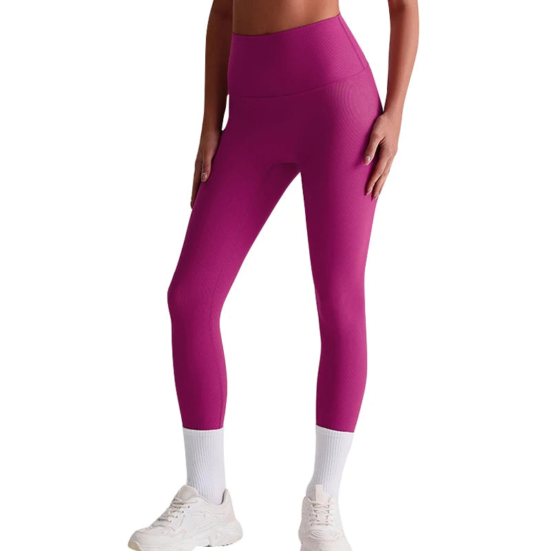 Women's High Waist Elastic Non- Front Seamless Solid Ribbed Running Leggings 1 Piece for Gym Fitness