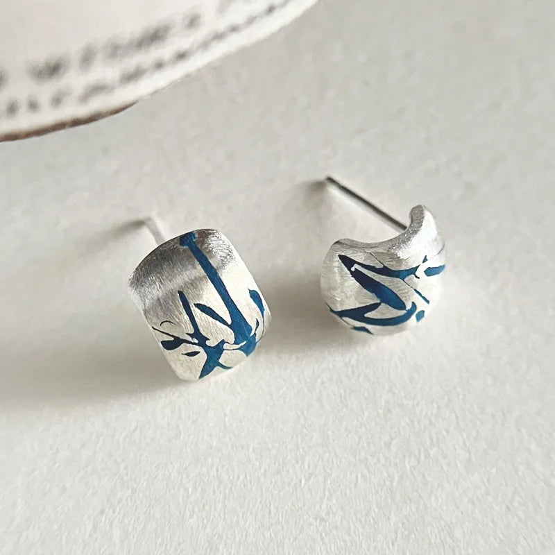 New Fashion Blue Enamel Stud Earrings 925 Sterling Silver China Style Earring for Women