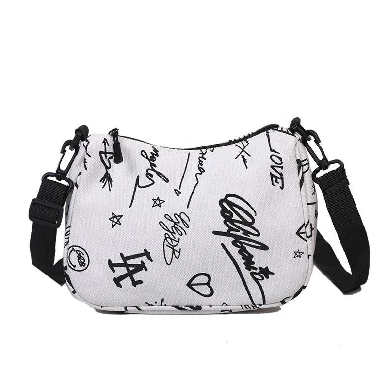 Large Capacity Women's Personalized Candy Pattern Graffiti Canvas Pillow Shape 3L+ Zipper Closure Fashionable Crossbody Handbag