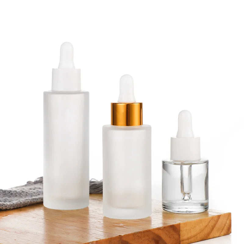 Slim Round Shape Frosted Glass Dropper Bottle 20ml to 100ml Sizes with Wide Dropper for Face Cream and Skin Care Cream