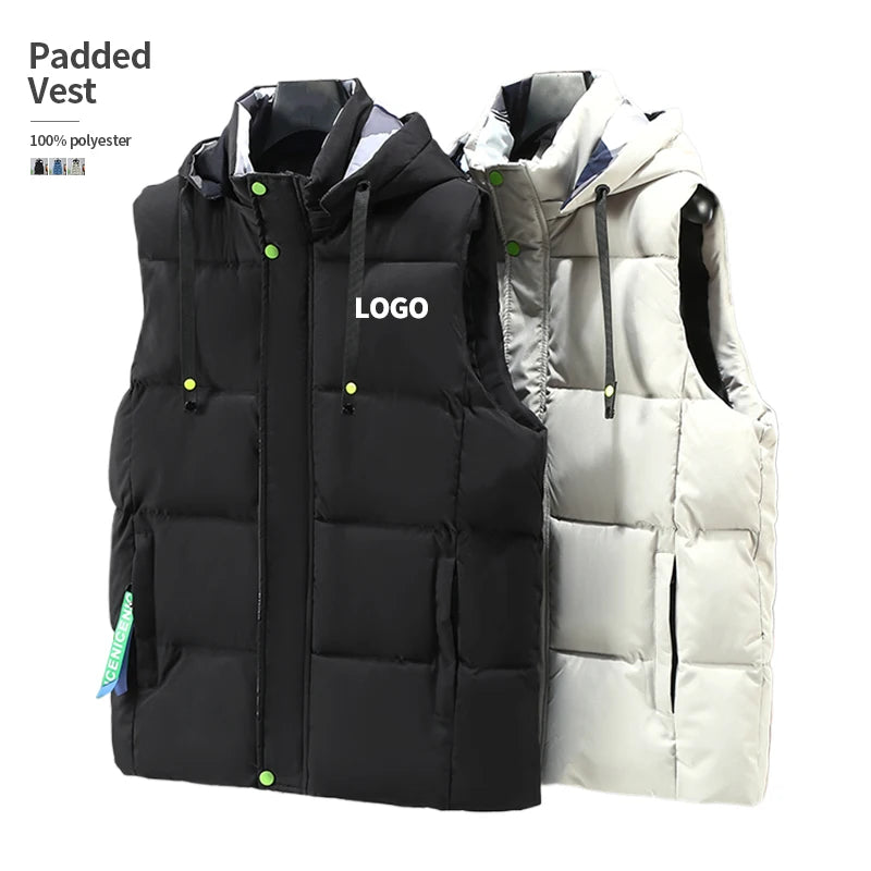 Removable Hood Thick Puff Cotton Filling Polyester Fabric Drawstring Streetwear Sleeveless Jacket Padded Puffer Vest