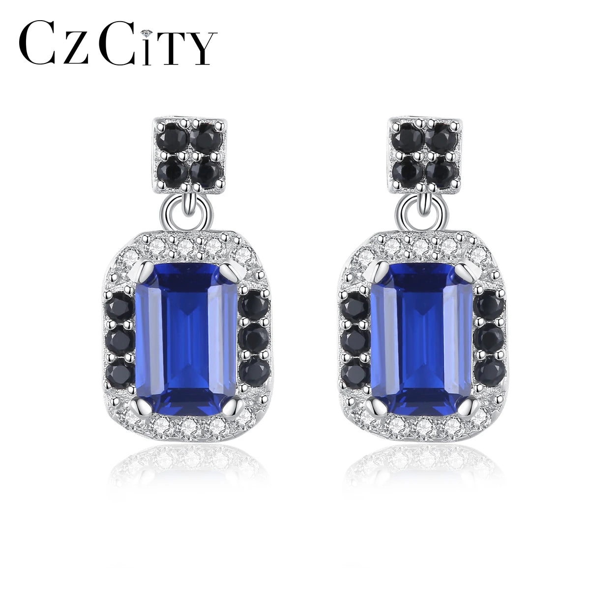 CZCITY Fashion 2025 Statement Sterling Silver Earrings Dark Blue Synthetic Gemstone with Black Cz Drop Earrings