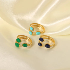 Tarnish Free Gold Plated Turquoise Ring Natural Stone Stainless Steel Open Adjustable Gemstone Ring for Women Accesorios Mujer