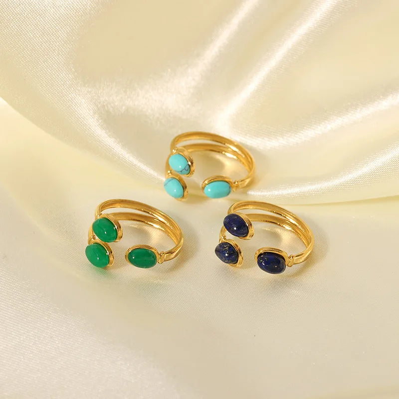 Tarnish Free Gold Plated Turquoise Ring Natural Stone Stainless Steel Open Adjustable Gemstone Ring for Women Accesorios Mujer