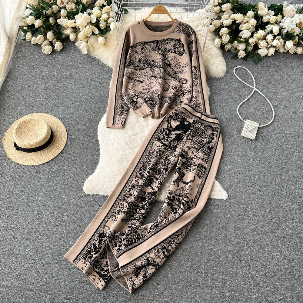 Women's Sets Winter Print Knitwear Casual Knitting Two Piece Set Ropa Wholesale