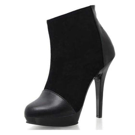 Women's large thin heel round head black 13 cm high heels large women's short boots combat boots platform boots