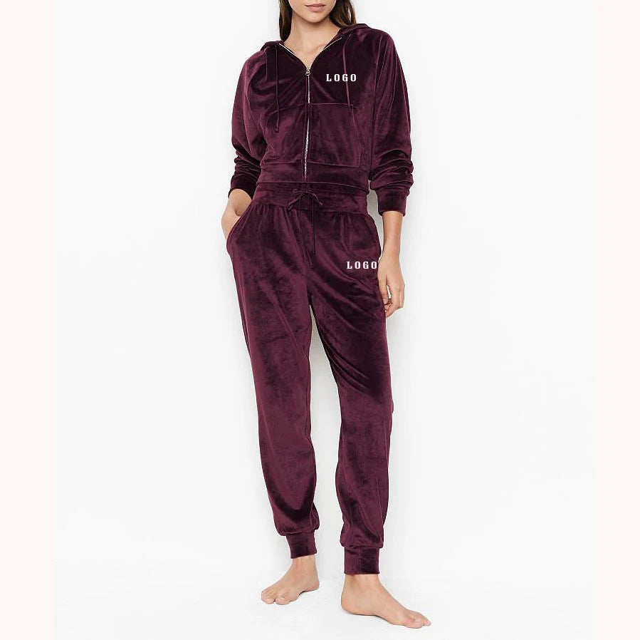 L230548 Factory Custom Logo Velvet Tracksuit Two Piece Letter Appliques Jogging Suit Women Embroidery Velour Sweatsuit