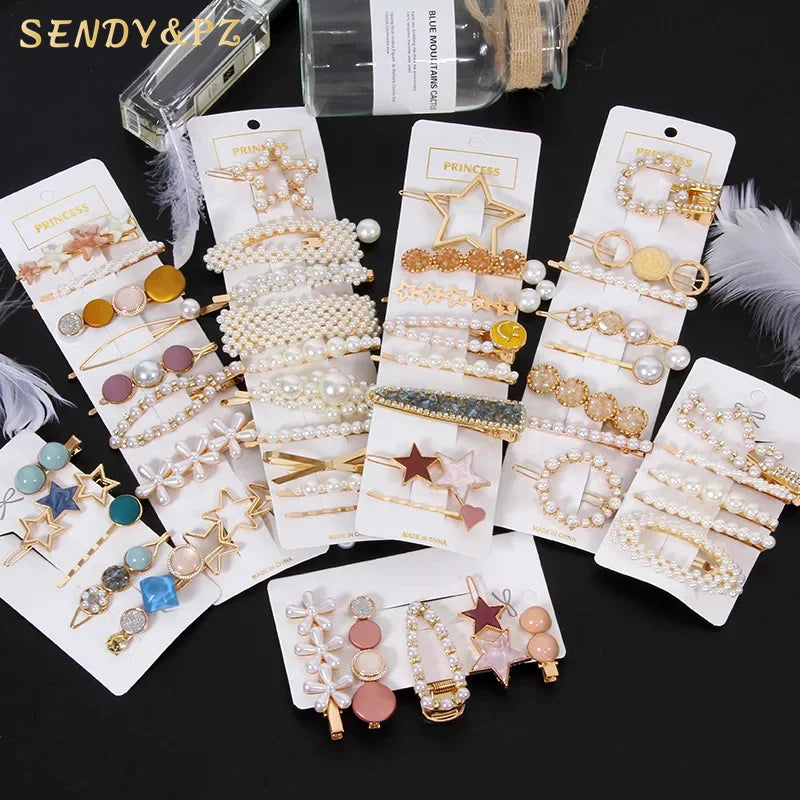 New Hot Sale  Women Cute Diamond Shiny Rhinestone HairPin Set Pearl Metal Multi Style Crystal Hair Clips Set for Girls