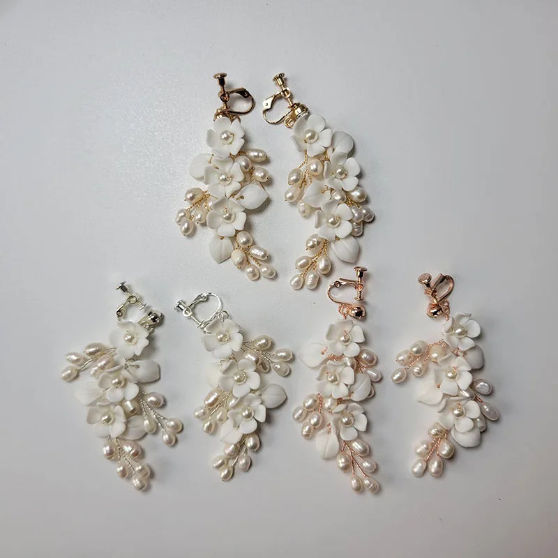 SLBRIDAL Handmade Rhinestones Crystals Freshwater Pearls Porcelain Flower Bridal Dangle Earring Wedding Earring Women Jewelry