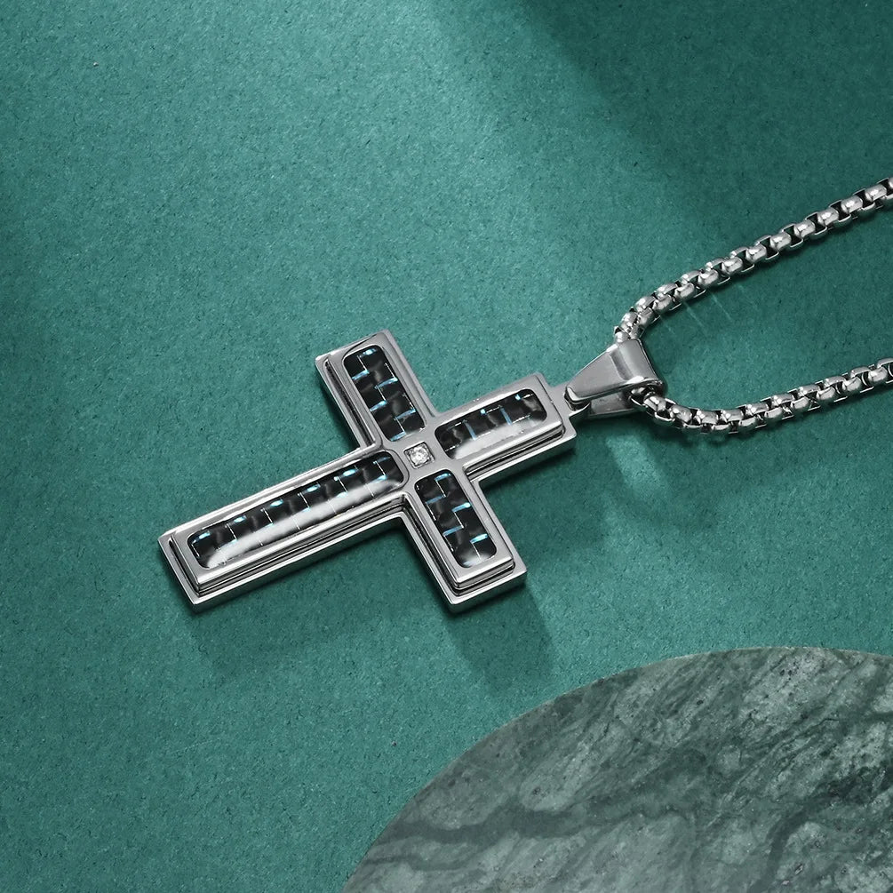 Religious Jewelry Accessories Polished Carbon Fiber Diamond Inlay Cross Pendant Mens Chains Necklace Jewelry Stainless Steel