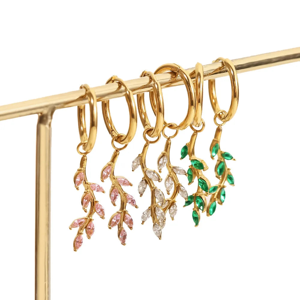 Wholesale Custom 18K Gold Plated Zircon Earrings Long Tassel Leaf Hoop Zirconia Jewelry for Women Fashion Drop Stainless Steel