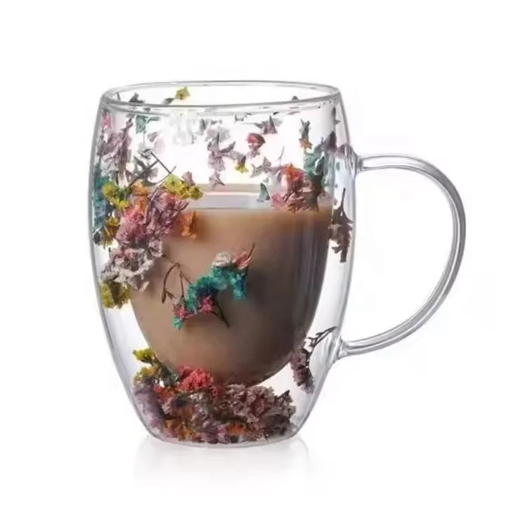 Double Wall Glass Coffee Mugs Clear Flower Coffee Mug with Handle 350ml