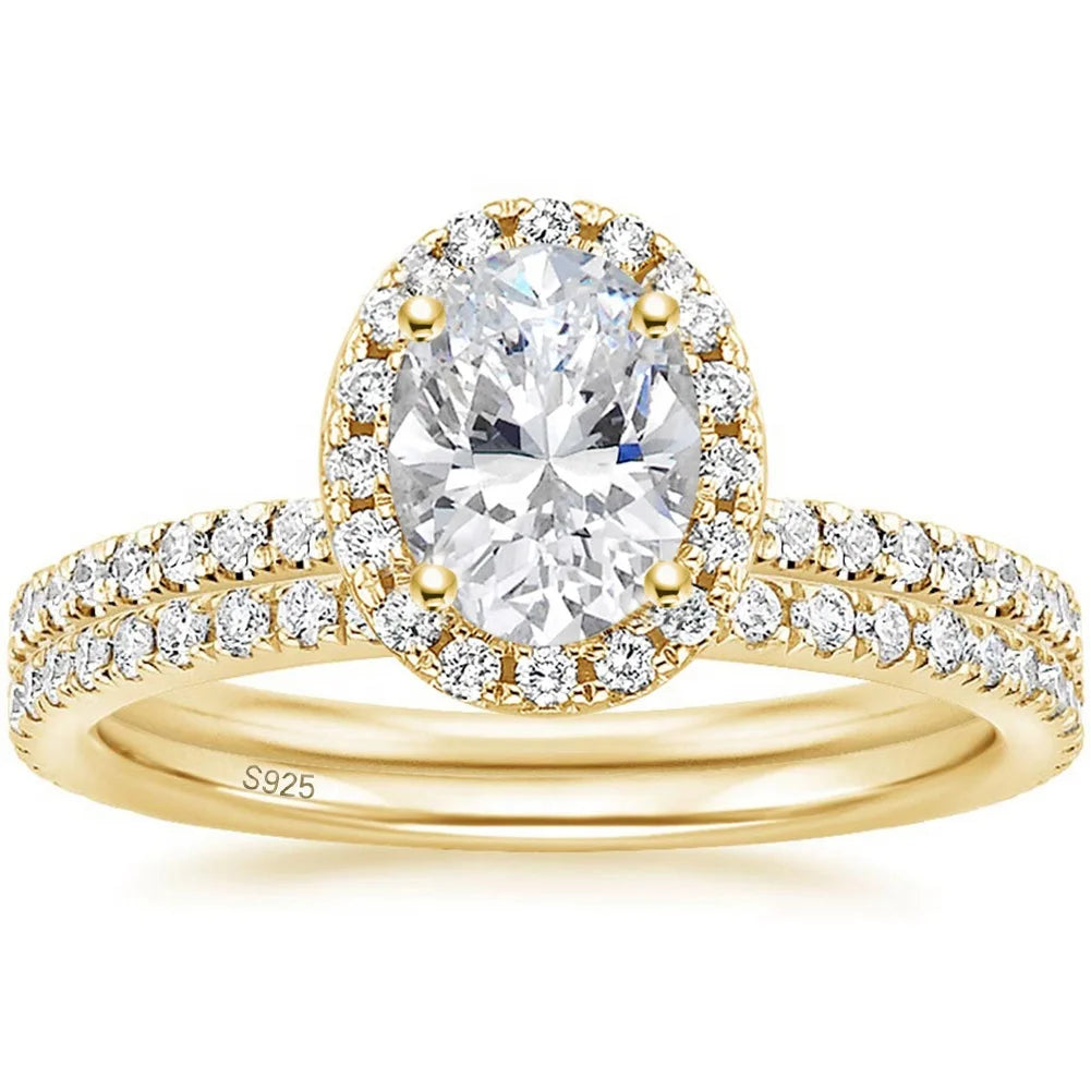 OAHLAN 14K Gold Plated 1.5CT 925 Sterling Silver Cubic Zirconia Bridal Rings Sets Oval Cut CZ Engagement Wedding Band