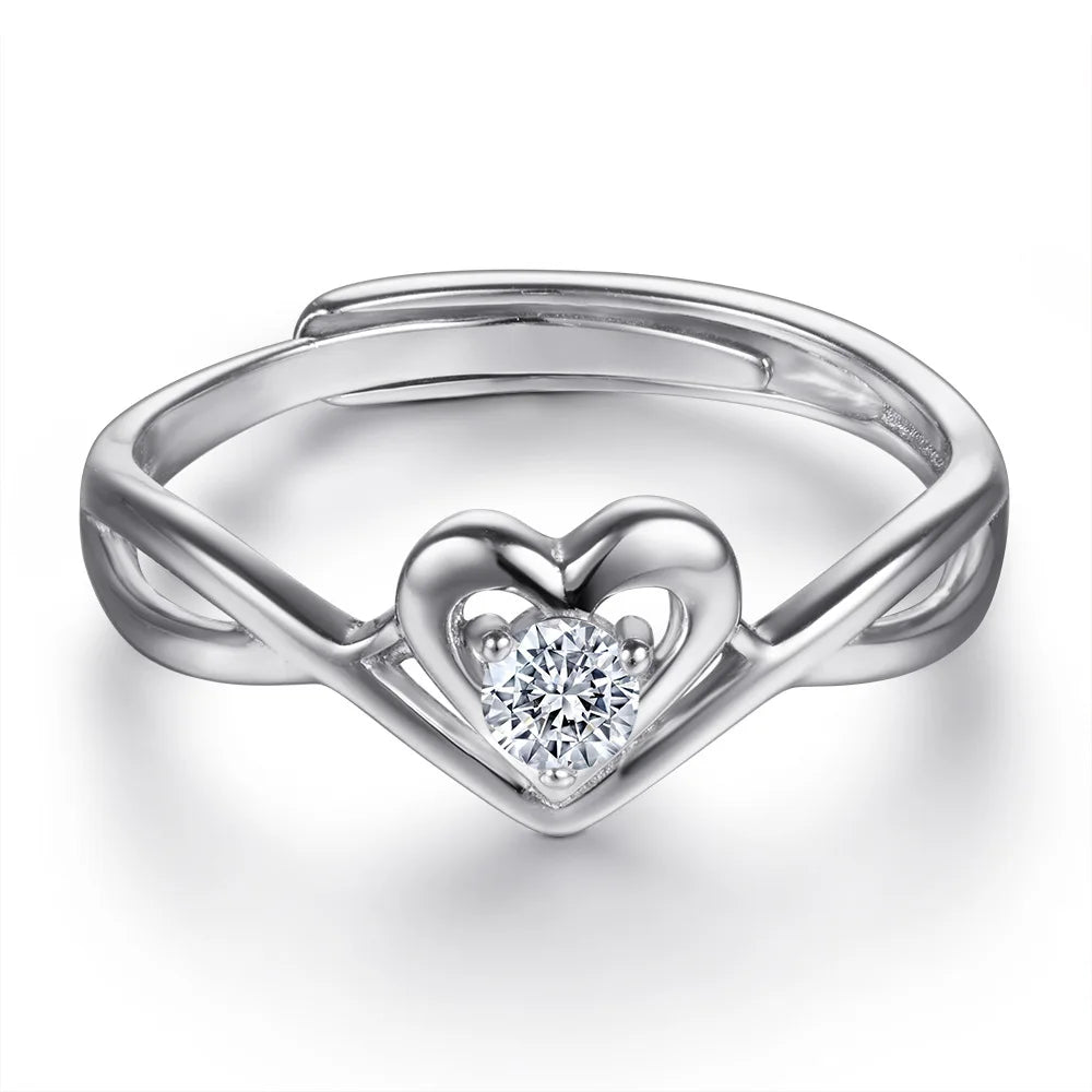 Solitaire Rings Heart Shape Rhodium Plated Thick 18K Gold Plated 925 Sterling Silver Engagement Wedding Ring Adjustable Ring