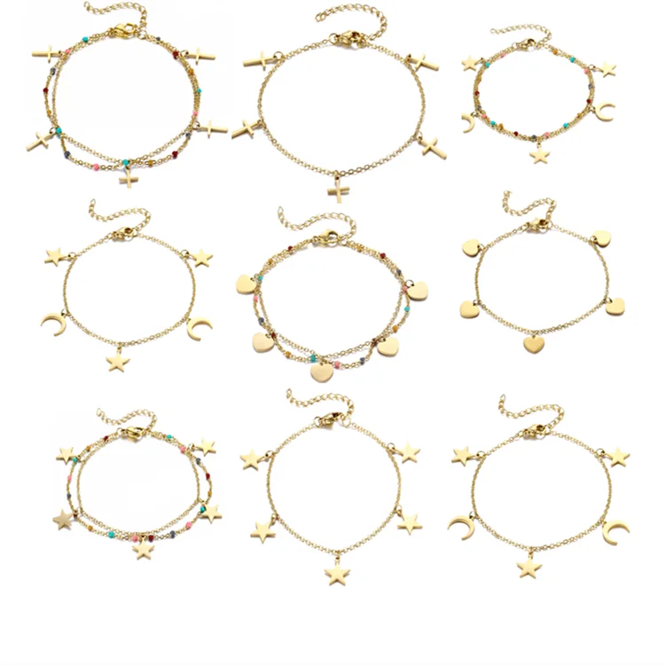 RisingMoon 18K Gold Plated Bracelet Fashion Jewelry Moon Star Heart Charms Tarnish Free Stainless Steel Bracelet for Women Girls
