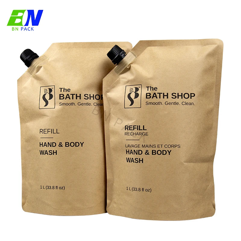 Eco-Friendly Classic Kraft Paper Packaging Beverage Pouch and Craft Bag for Shampoo Skin Care Hand Soap (500ml 1L 2L)