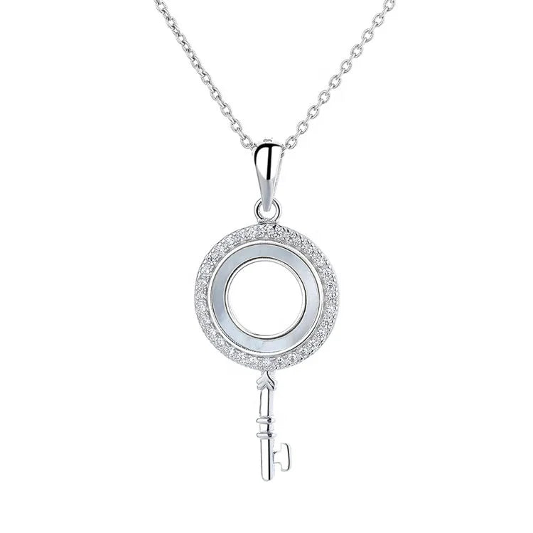 Simple Key Charm 925 Real Silver Pendant Necklace with Shell Jewelry for Girls