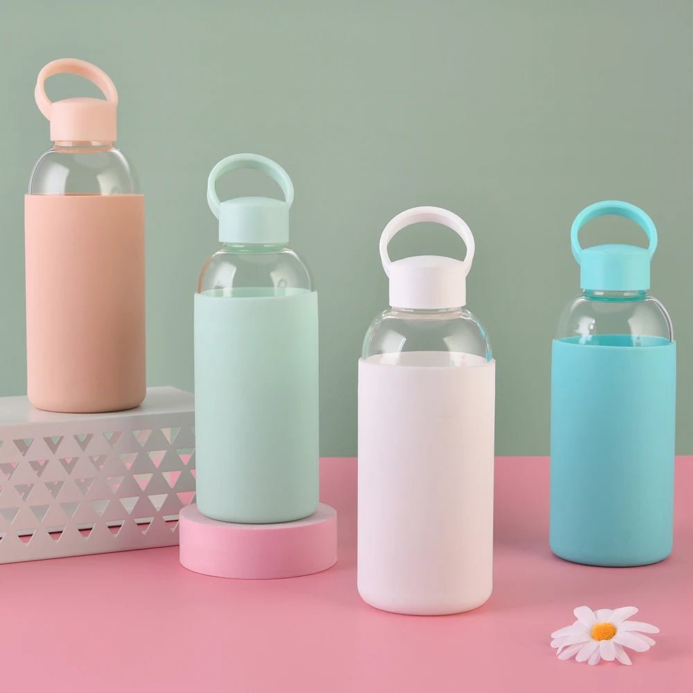 Borosilicate Glass Sports Water Bottle with Silicone Sleeve Portable Handle Couples & Student Design Trendy Everyday Bottle