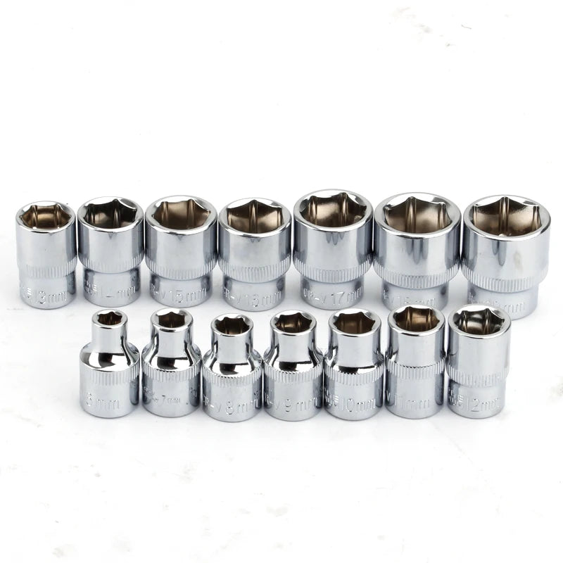 14Pc 3/8" Drive Socket Set 6 7 8 9 10 11 12 13 14 15 16 17 18 19mm Socket Wrench Set 6 Point Socket Bit Adapter Car Repair Tools