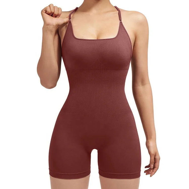 Women's Sports Bodysuit Jumpsuit Shorts U-Neck Push Slim Gym Fitness Shaperwear Backless Sculpting Butt Lifting Seamless One