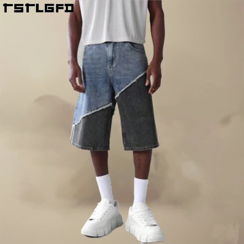 Summer Streetwear Straight Custom Jorts Baggy Distressed Dark Washed Cotton Baggy Shorts Contrast Panel Raw Edge Denim Jorts Men