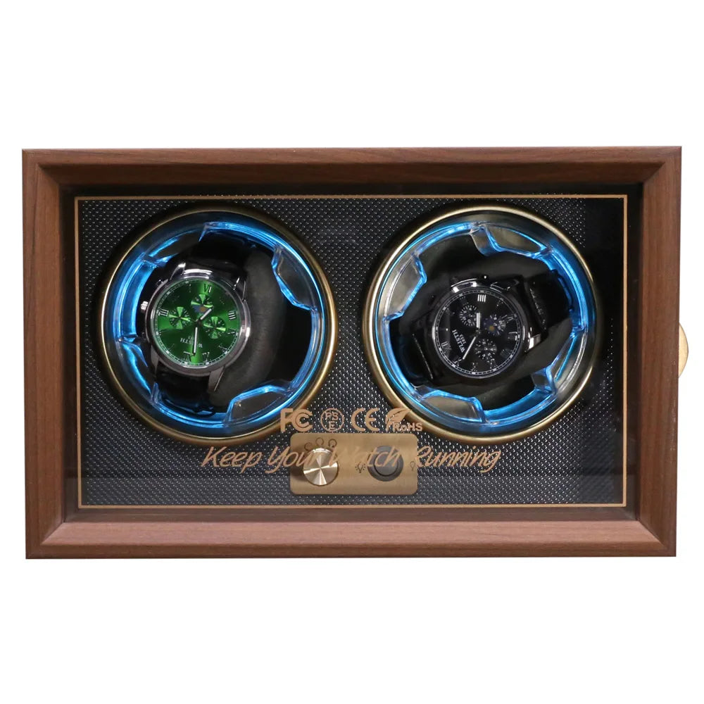 Luxurious Elegant Walnut Wood Grain Automatic Motor Protective Watch Display Box Safe Golden Plate Outside Watch Winder Box