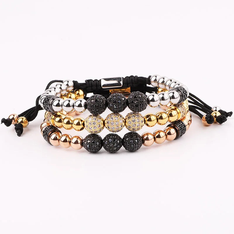 Renting Jewelry New Design Stainless Steel Beads CZ Ball Charm Men Macrame Adjustable Friendship Bracelet
