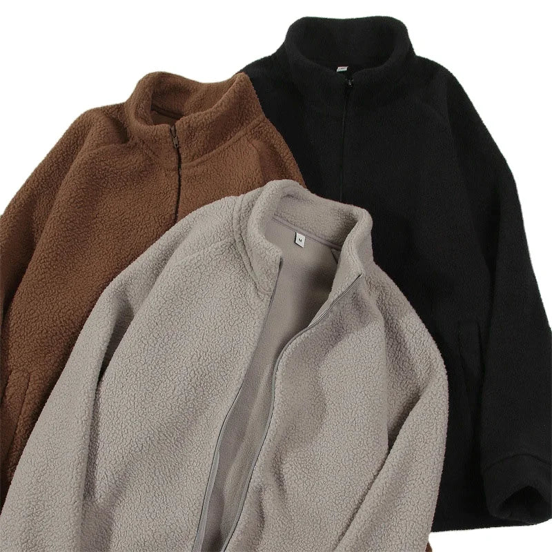 Custom Men's Polar Fleece Jacket Men's Autumn and Winter Plus Velvet Thickened Sweatshirt Stand Collar Lamb's Wool Cardigan