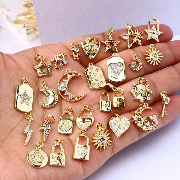 CZ8127 Fashion Mini 18k Gold Plated CZ Micro Pave Diamond Crescent Star Lock Charm Pendantthin Small Cubic Zirconia Pendant