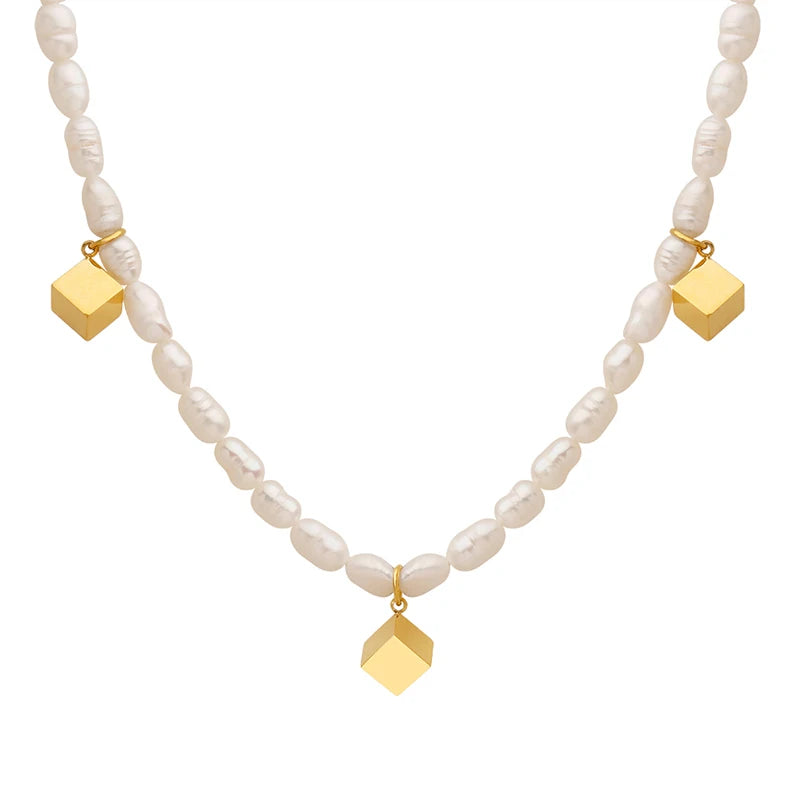 Fashion Fresh 18K Gold Plated Stainless Steel Square Pendant Freshwater Pearl Necklace for Women Party Anniversary Decoration