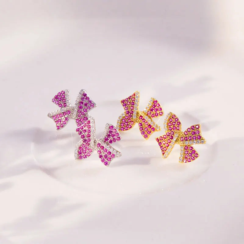 Fashion Jewelry 925 Sterling Silver Full Diamond Zircon Bow Earrings