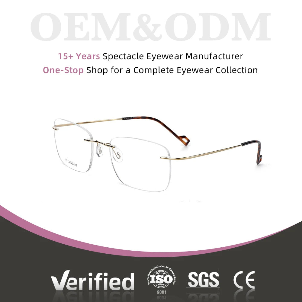 Wholesale Custom Ultralight Pure Titanium Rimless Executive Square Retro Optical Frame Eyeglasses Eye Glasses for Unisex