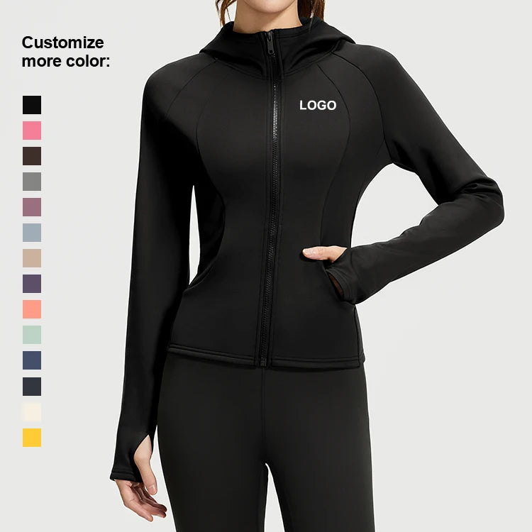 JYMW141 Custom Logo Women Zipper Outwork Sports Wear Long Sleeve Fleece Hooded Jacket Pocket Tight Running Yoga Fitness Top
