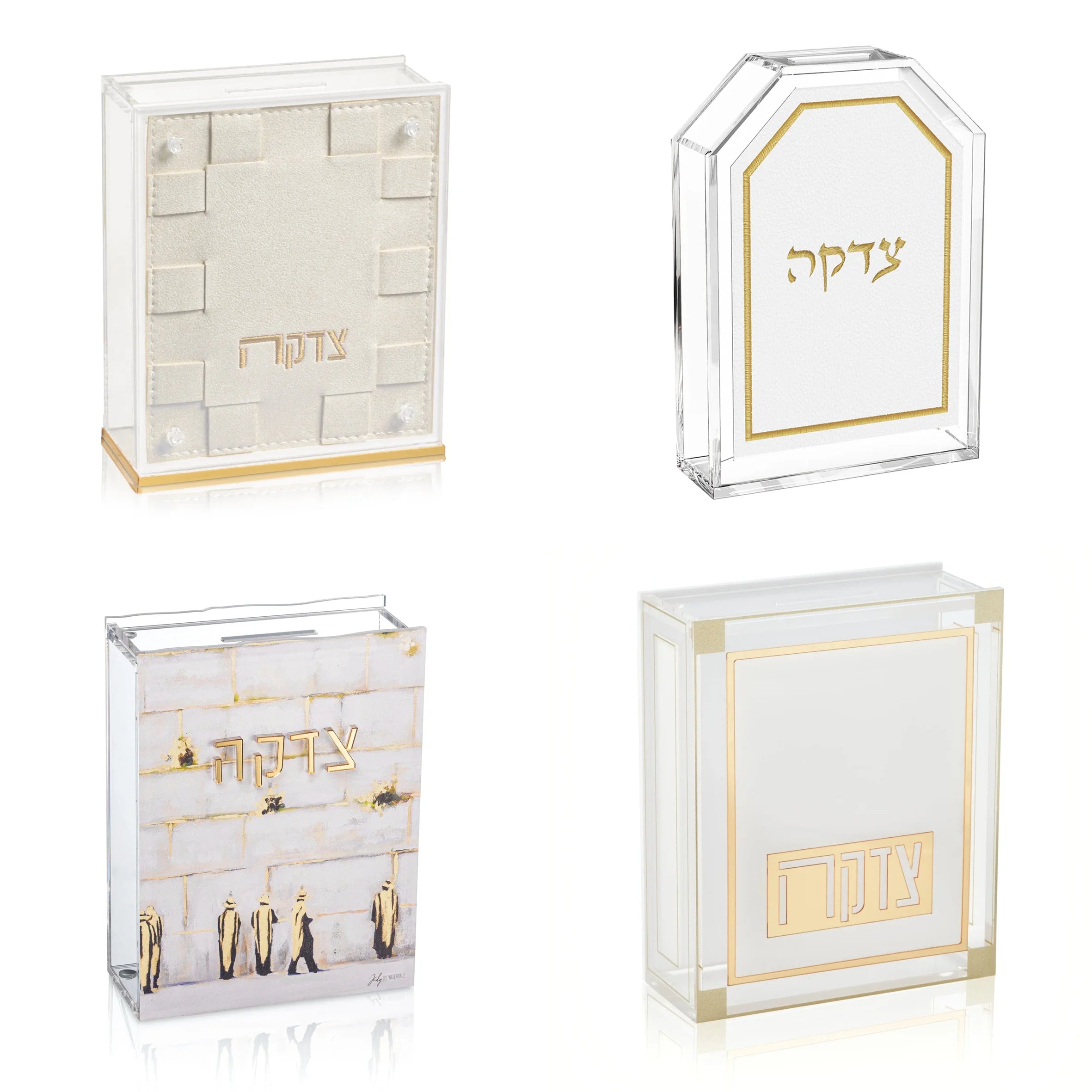 Painted Judy Sculpture Kosel Judaica Jewish Gift Clear Glitter Sliding Back Acrylic Tzedaka Donation Boxes Lucite Charity Box