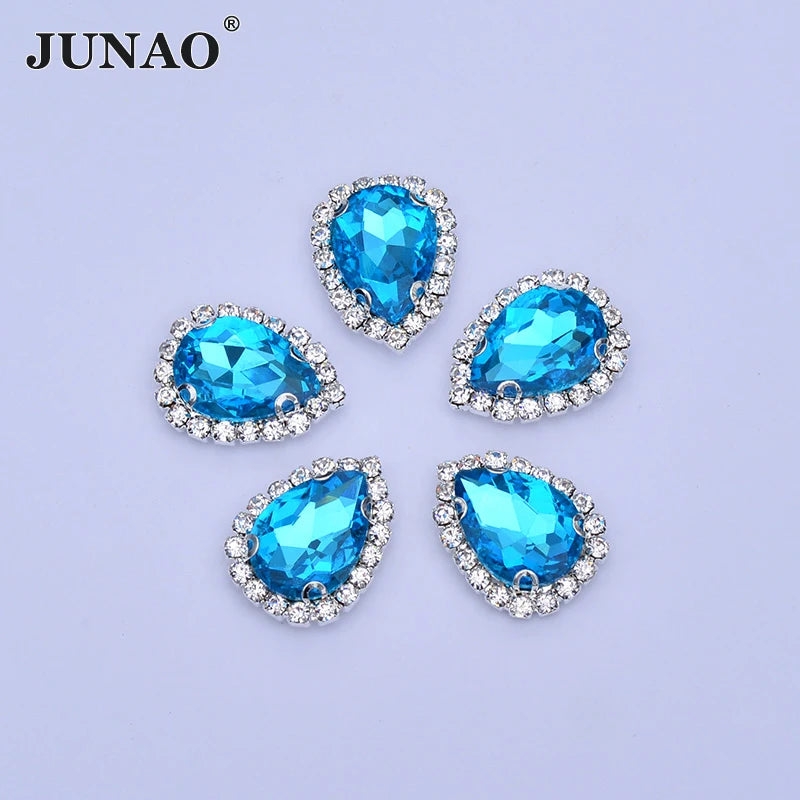 JUNAO 7*10mm 13*18mm Glass Crystal Rhinestone Drop Sewing Gemstones Bulk Blue Claw Crystals Rhinestones