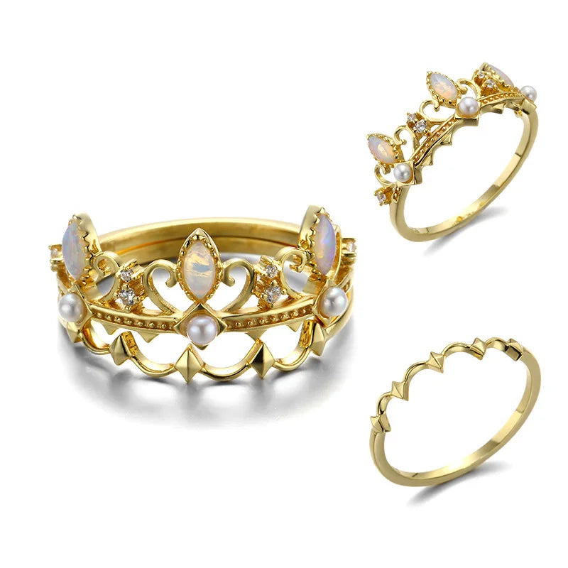 New Custom Wholesale Design Opal 925 Sterling Silver Gold Plated Luxury Bezel Setting Vintage Pearl Crown Rings for Women