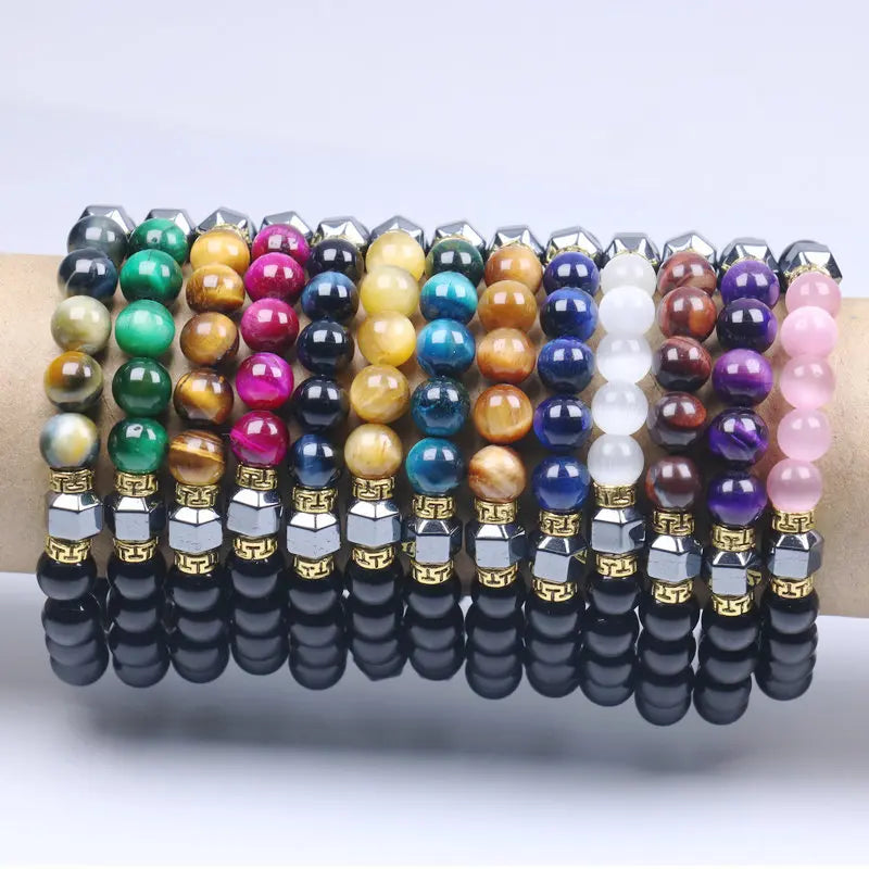 Dainty 8mm Tiger Eye Beaded Bracelet for Men Women Handmade Natural Black Onyx Hematite Beaded Gemstone Bracelet