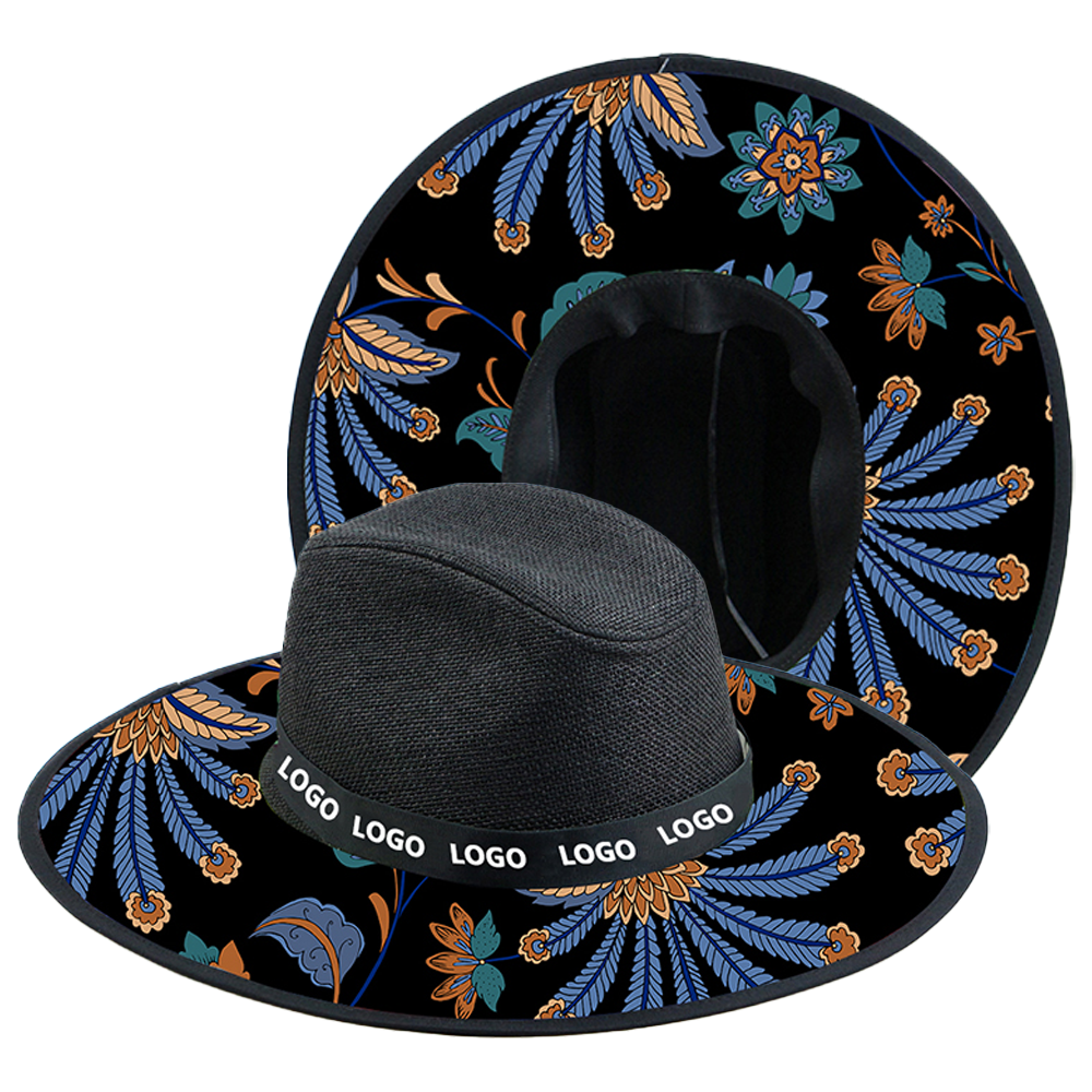 High Quality Custom Bottom Printed Black Paper Straw Sun Hats with Logo Wide Brim Men Women Surfing Lifeguard Beach Straw Hat