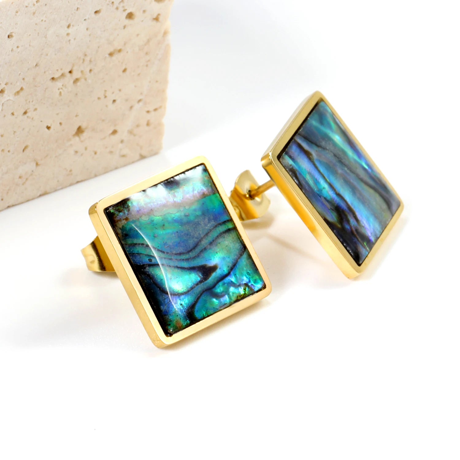 Vintage Women's Jewelry Waterproof 18K Gold Plated Square Stud Earrings 304 Stainless Steel Natural Abalone Shell Earrings