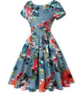 MANNI Women Retro Vintage Floral Print Short Sleeve Boat Neck Swing Casual Dress