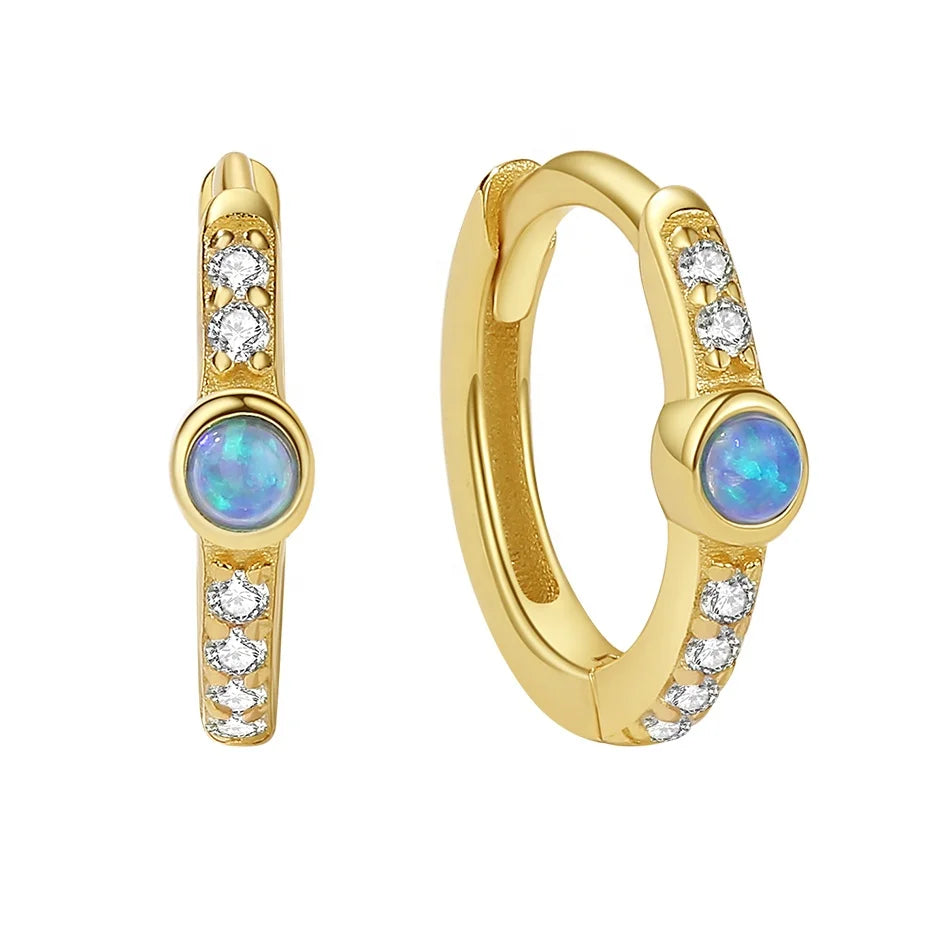 Nagosa Dainty 925 Sterling Silver Blue Opal 18k Gold Vermeil Pave Cubic Zirconia Opal Women Girls Hoop Earrings
