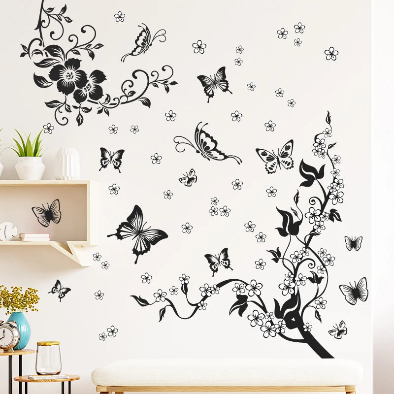 Black Butterfly Flower Wall Decal Romantic TV Background Stickers Creative Bedroom Wallpaper Self Adhesive Living Room Murals