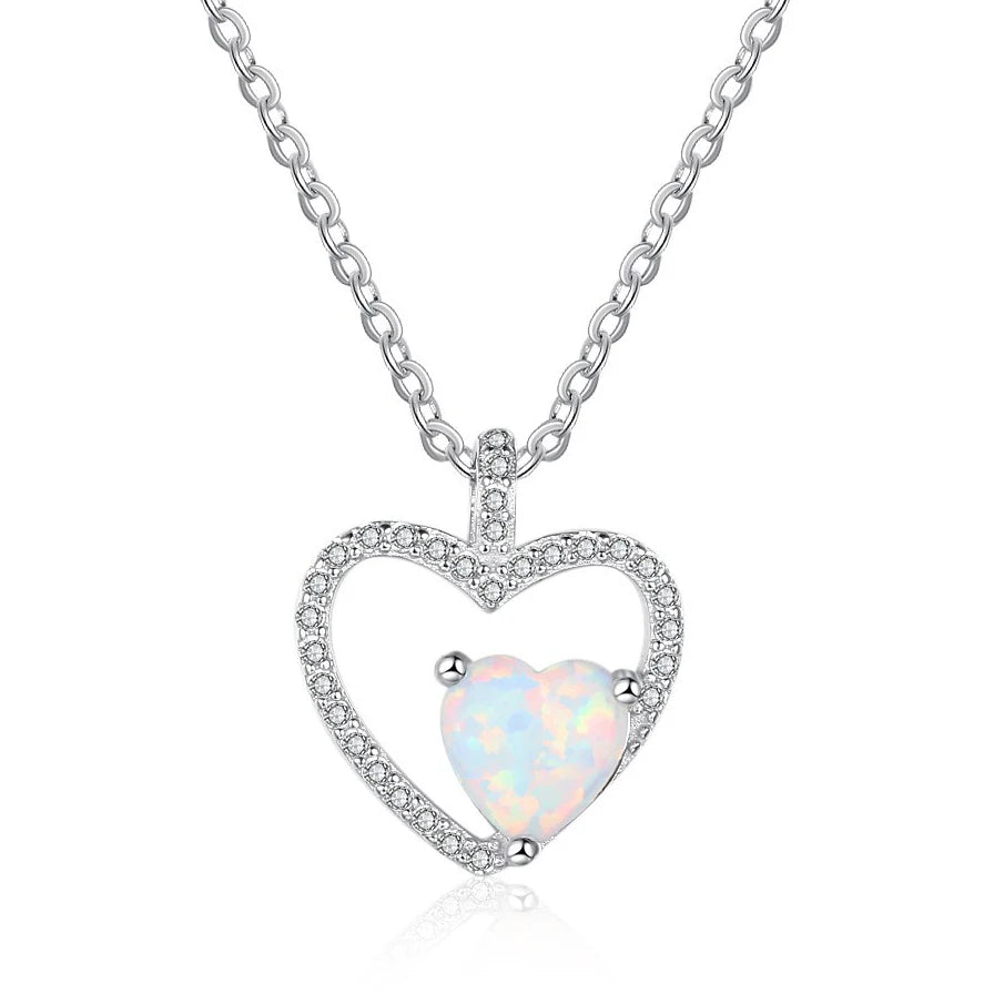 Trendy Heart Mom Silver Cz Necklace Hollowed Out Design Gift Lover Birth Stone Opal Pendant 925 Silver