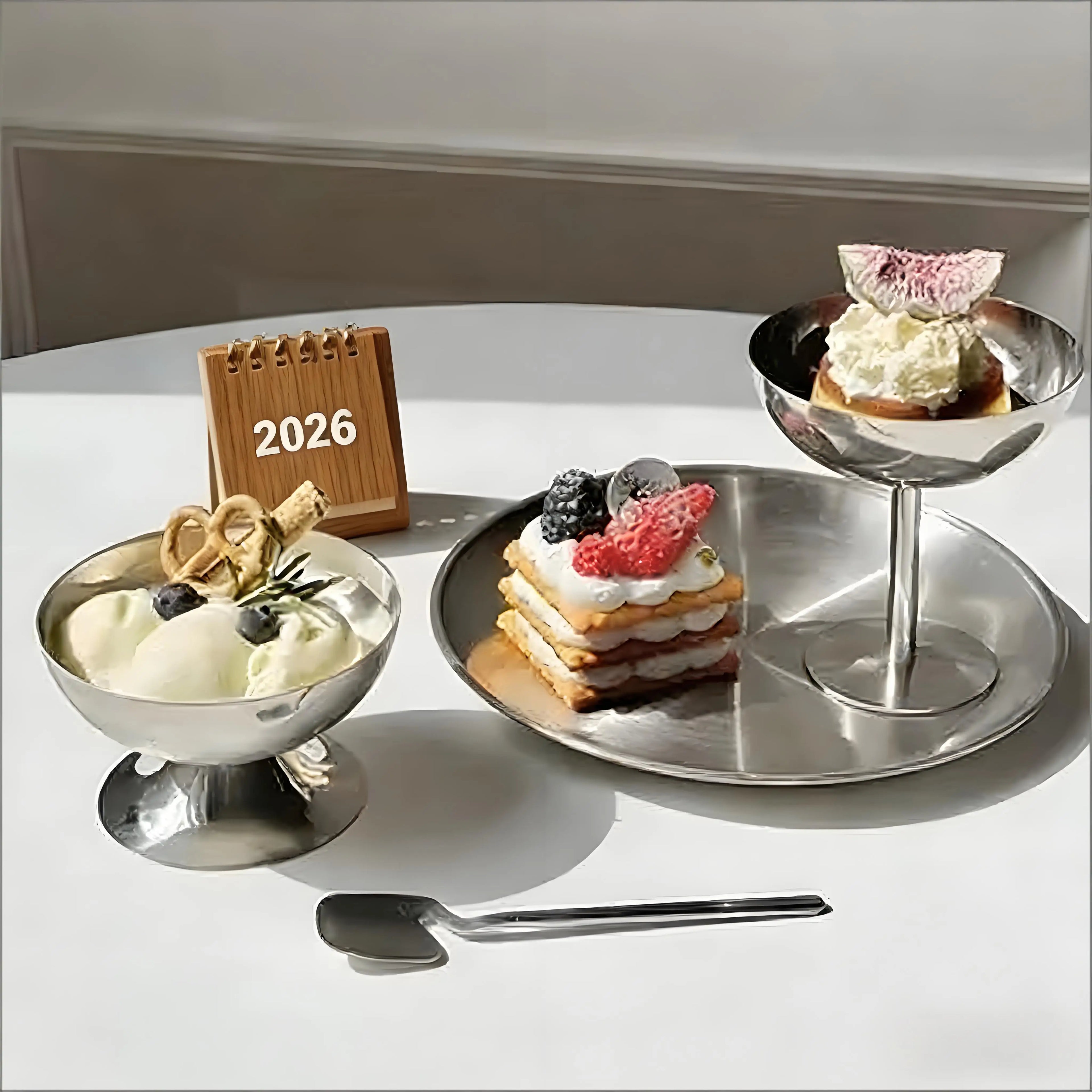 Modern Stainless Steel Ice Cream Cup & Reusable Dessert Plate Eco-Friendly for Serving Ice Cream Salad Fruit Pudding at Parties